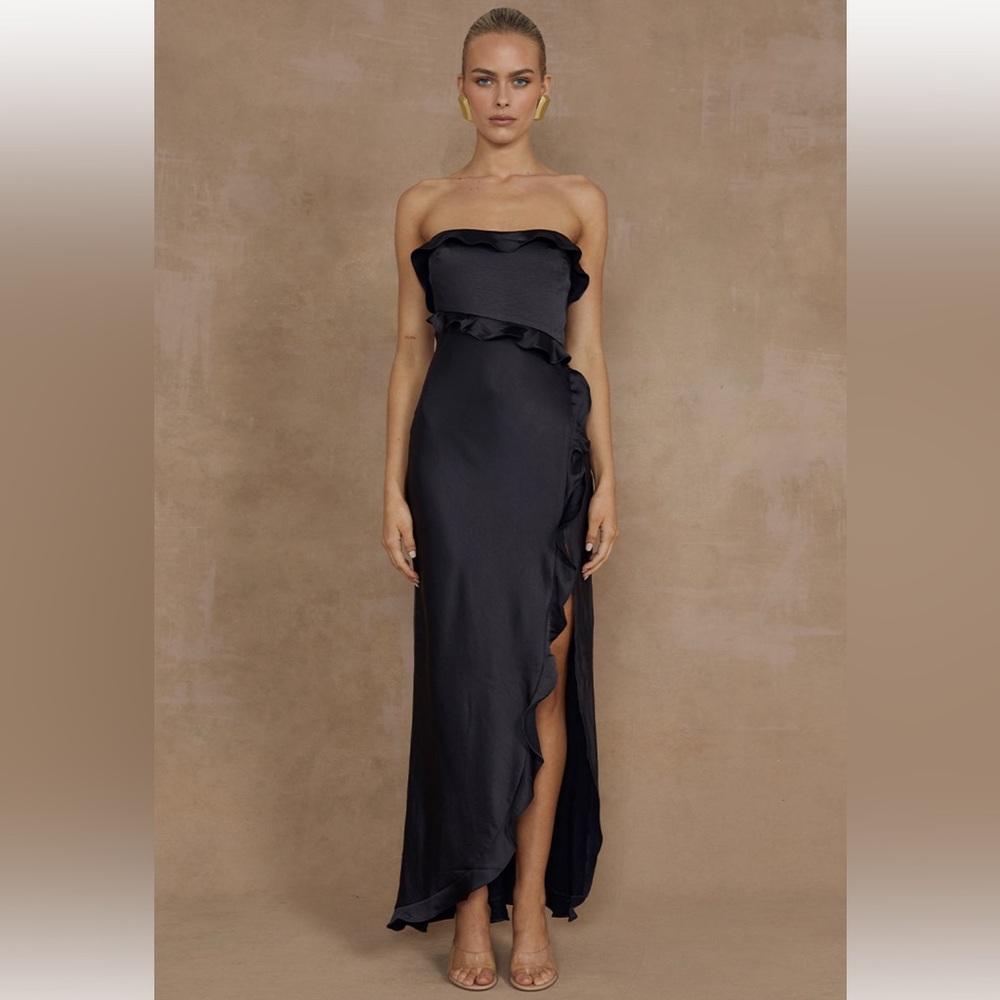 RUNAWAY THE LABEL Lorena Strapless Black Dress with Ruffle Detail